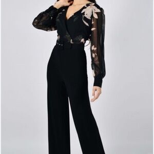Frank Lyman Solid Black Pant with Floral Top Belted Jumpsuit Size 8